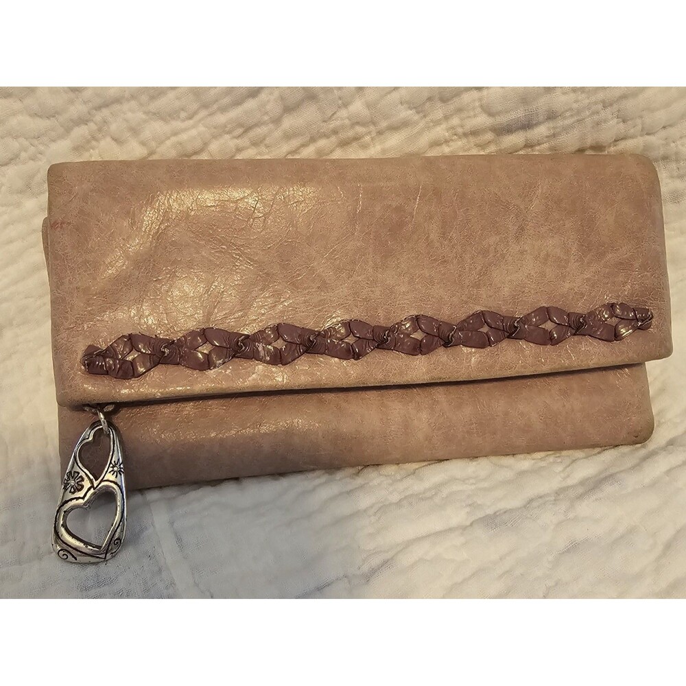Brighton Lavender Purple Soft Leather Trifold Wallet Braided Heart Zipper Pull